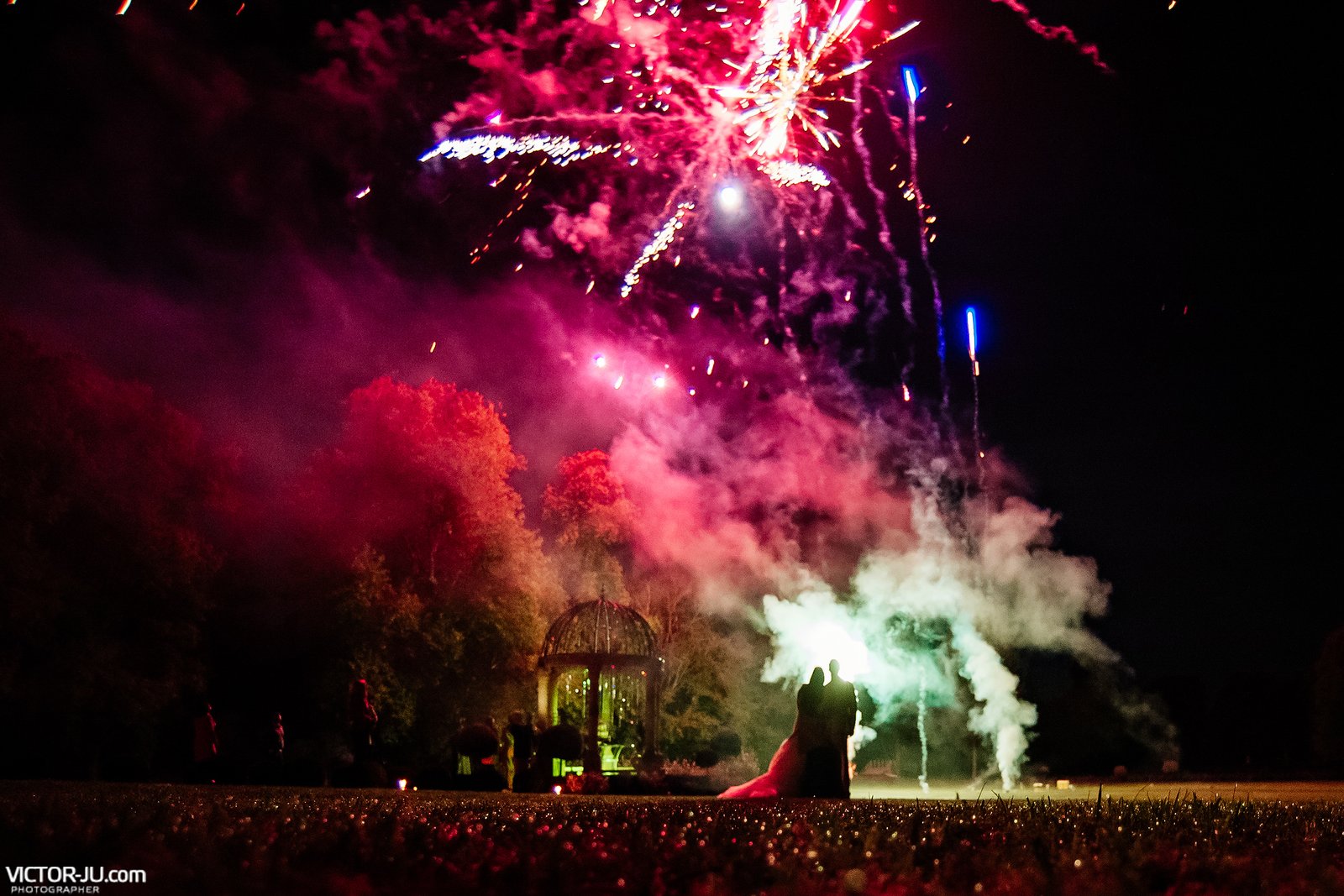 Celebratory wedding fireworks in the castle of Château de Challain